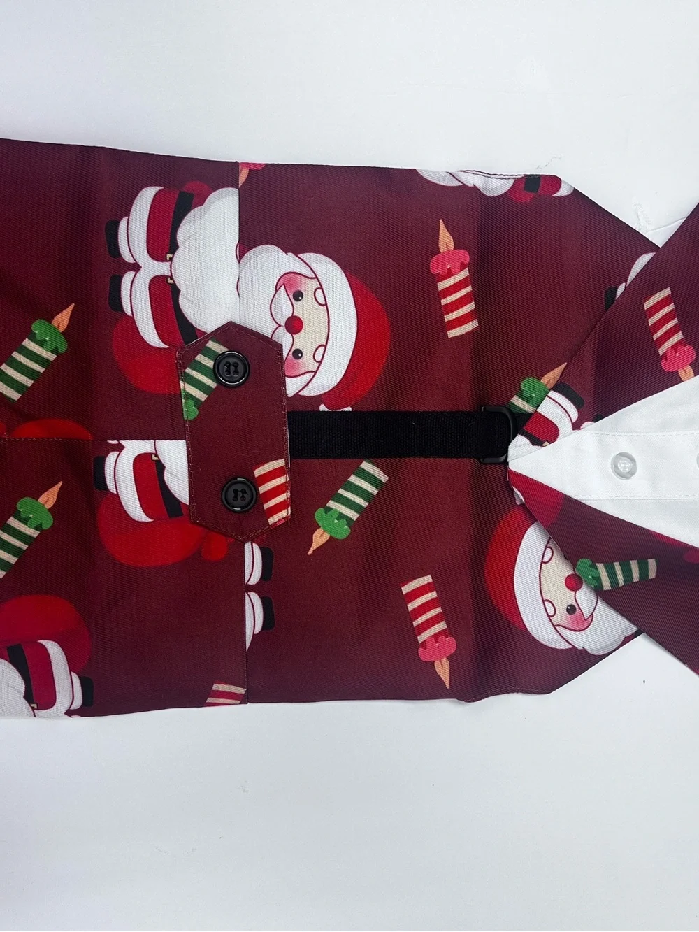 Santa Print Dog Tuxedo with Sequin Bow Tie - Burgundy medium